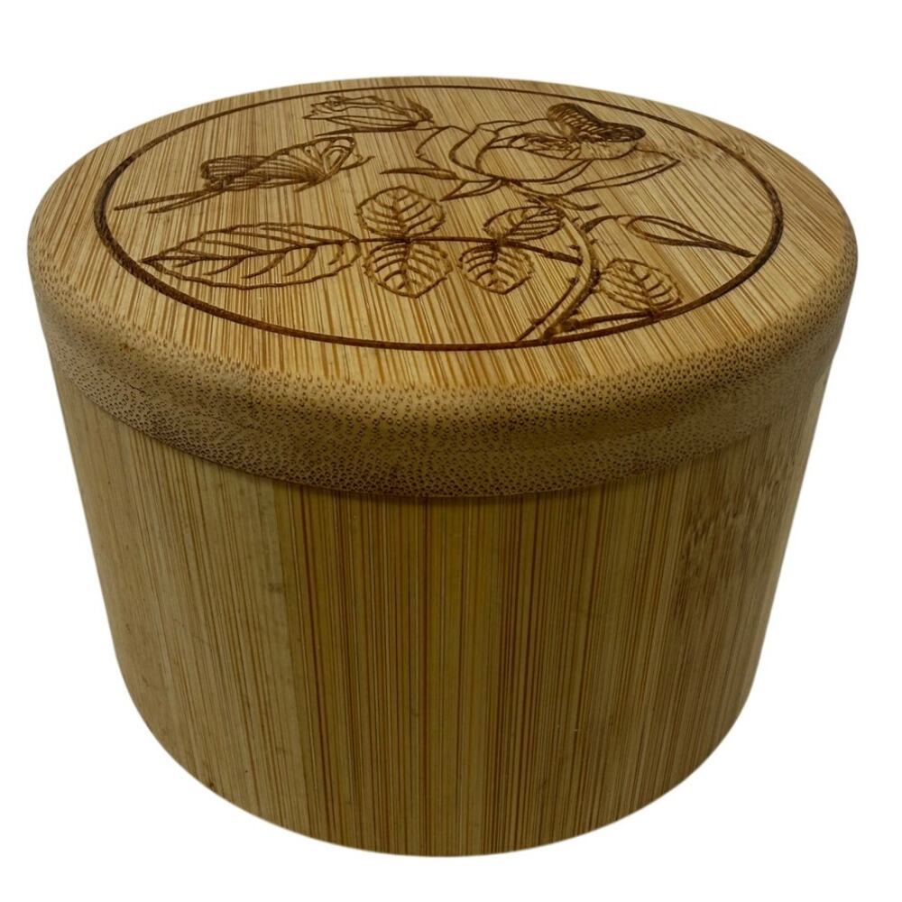 Wood Bamboo Salt Keeper Box w/ Swivel Lid Spoon Floral Butterfly
